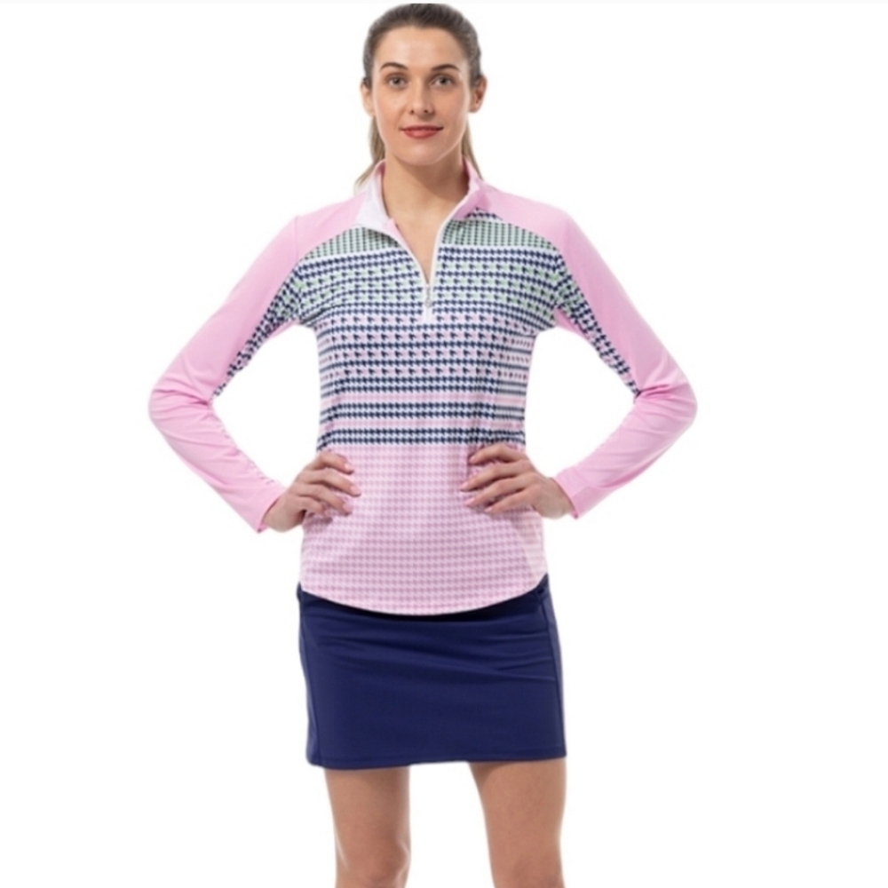 SanSoleil SolCool Draper 1/4 Zip Long Sleeve Houndstooth Top Small Pink Golfing - Picture 2 of 11